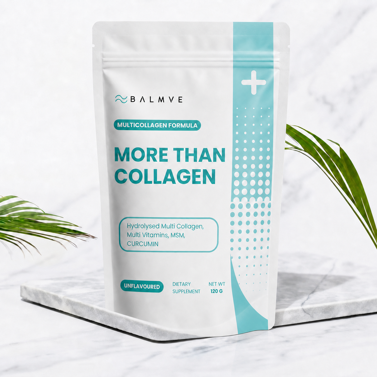 BALMVE More Than Collagen unflavoured pouch on marble
